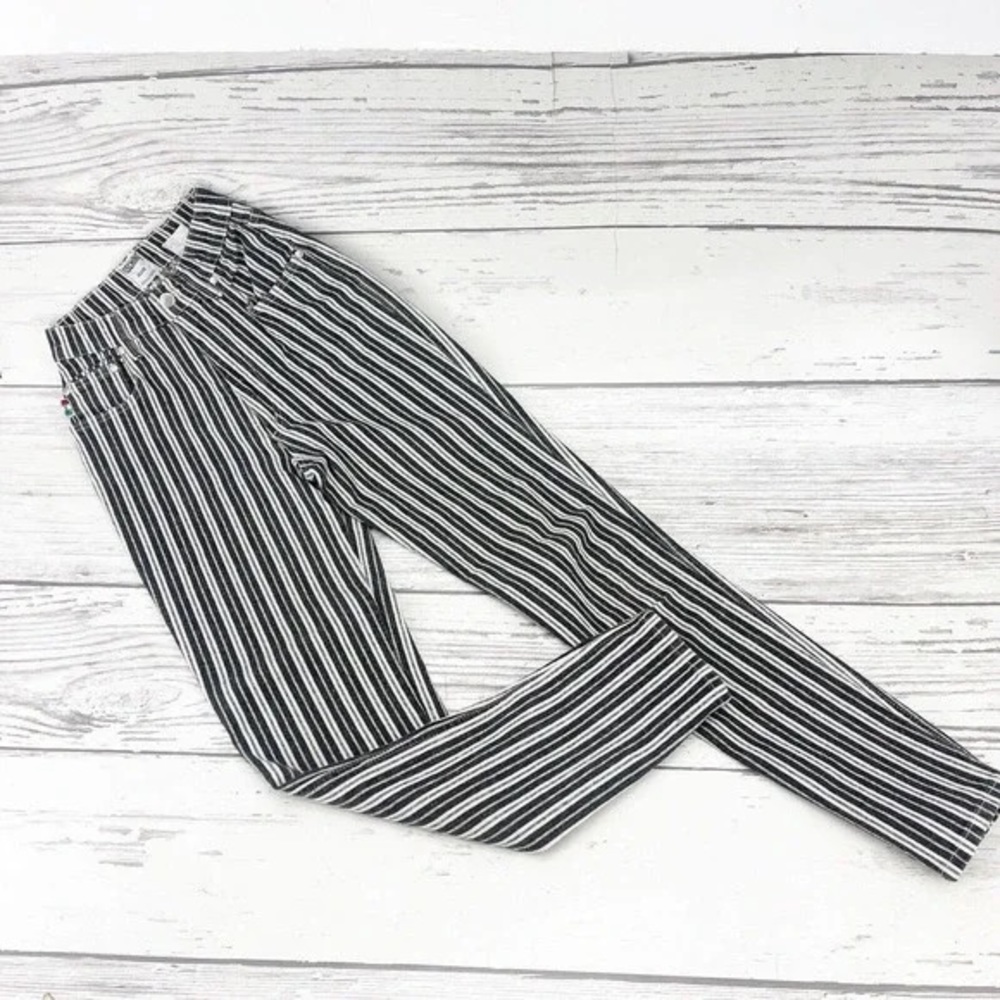 MOSCHINO • SUMMER PINSTRIPE HIGH WAIST TAPERED LEG NAVY/WHITE DENIM JEANS 00/XXS